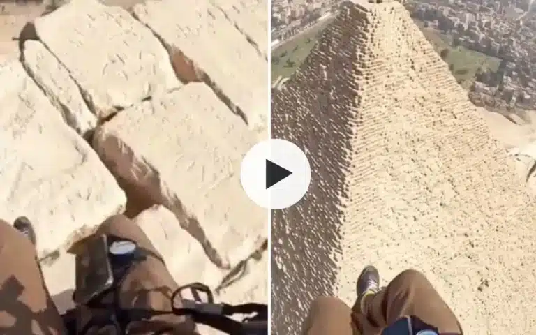 Man paragliding over the pyramids captures what's written on the top