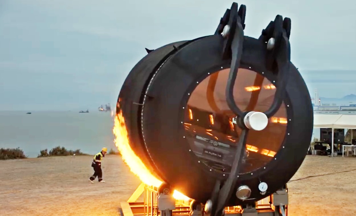 Volkswagen puts a new electric vehicle inside a giant 320°F popcorn machine to tumble and cook it in one of the wildest car tests ever