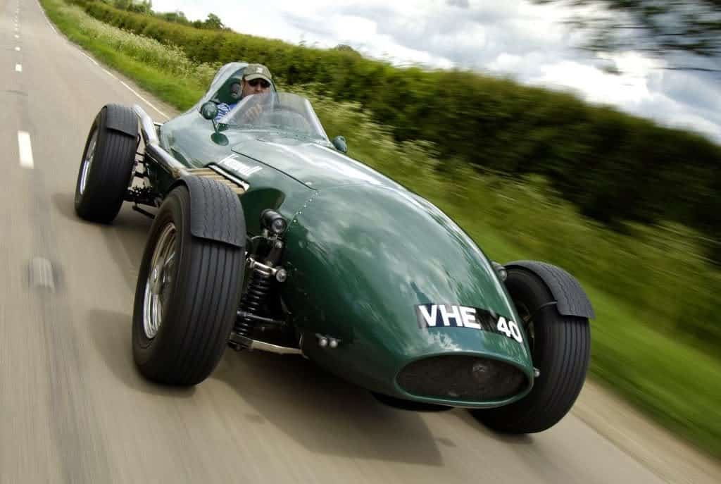 Vanwall GPR V12 driving on road in British countryside