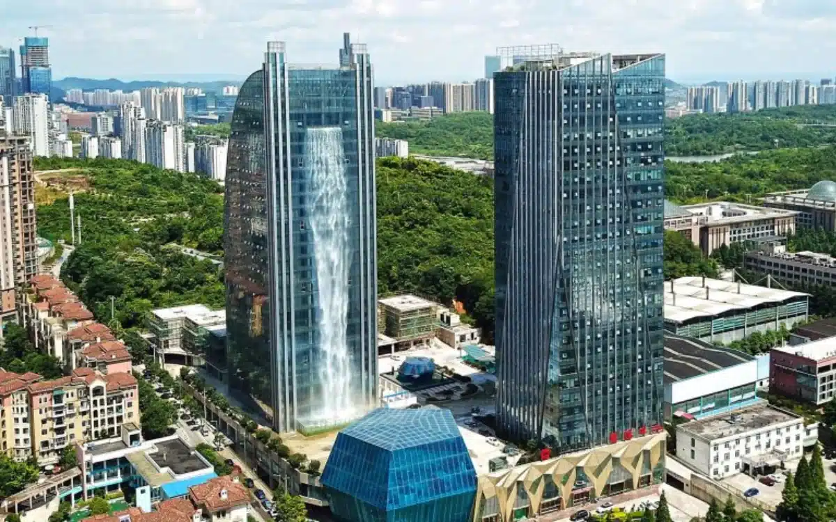 Video shows the world’s biggest man-made waterfall on the side of Chinese skyscraper