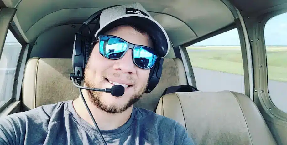 Pilot Vincent Fraser takes a selfie in his propeller plane