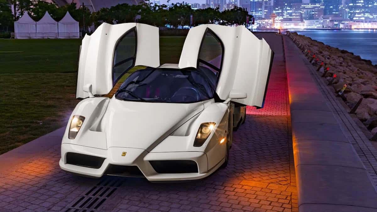 The butterfly doors raised on the Enzo