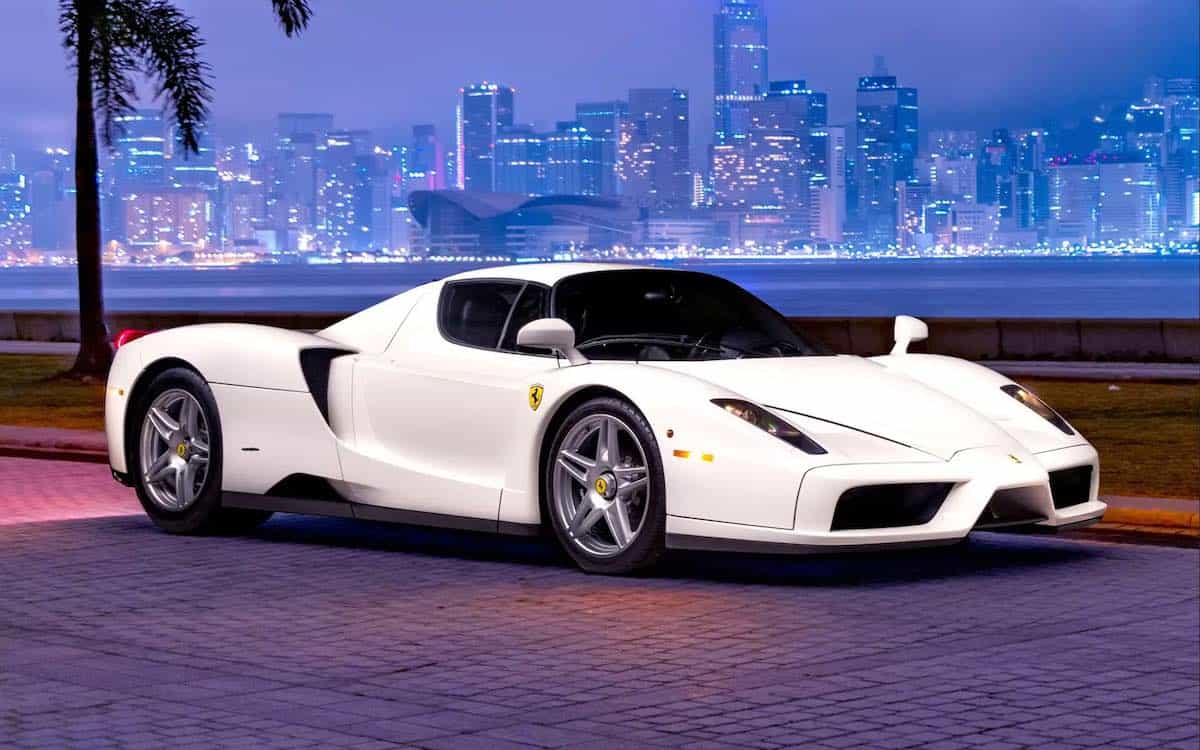 Front view of the one-off white Ferrari Enzo