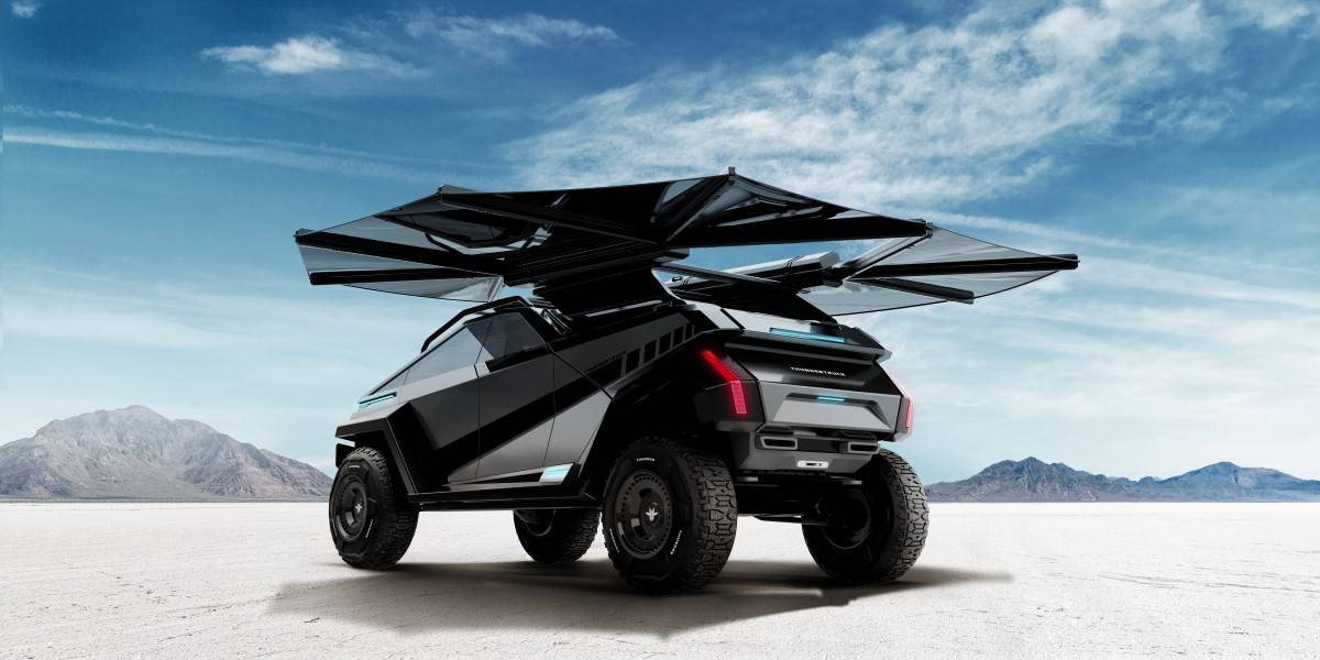 Electric pickup truck concept with solar panels deployed