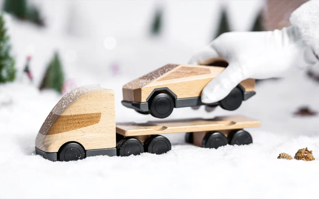 Tesla has released a new affordable version of the Cybertruck and Semi Truck, with a set of scand-styled wooden toys that you can buy for $60