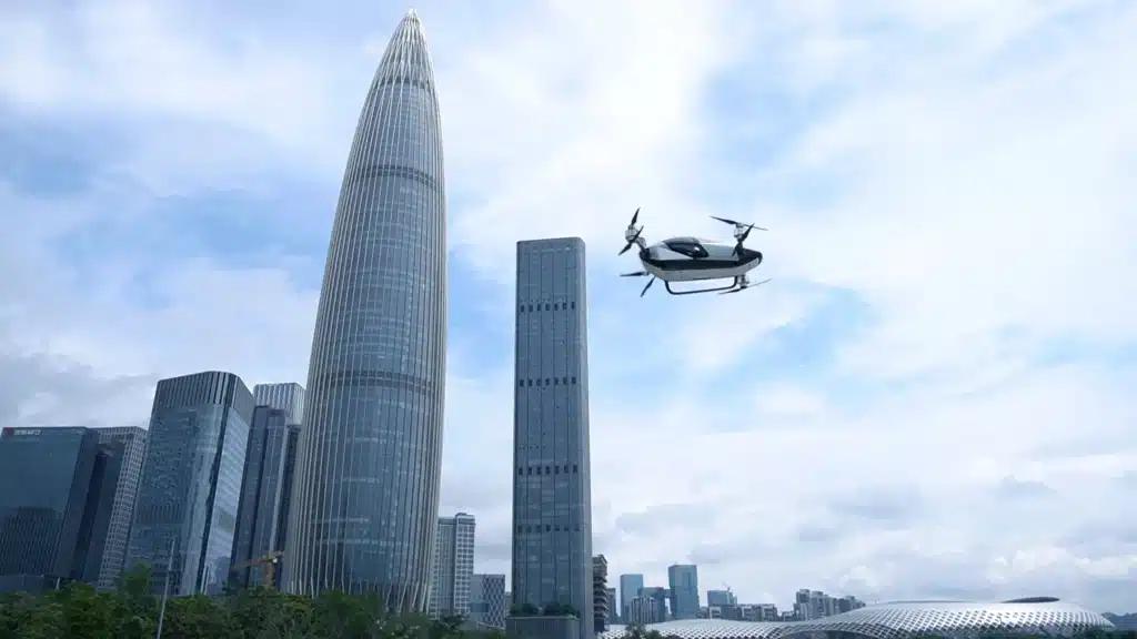 Worlds-first-flying-car-Xpeng-X2-spotted-flying-over-a-modern-metropolis-in-China