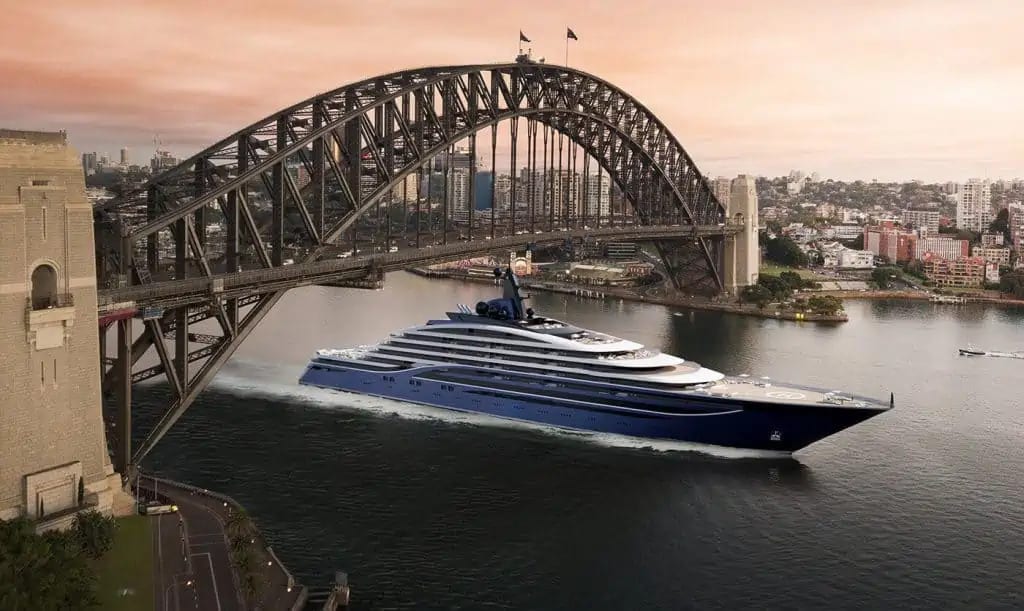 A mock-up of the world's largest superyacht sailing under the Sydney Harbour Bridge.