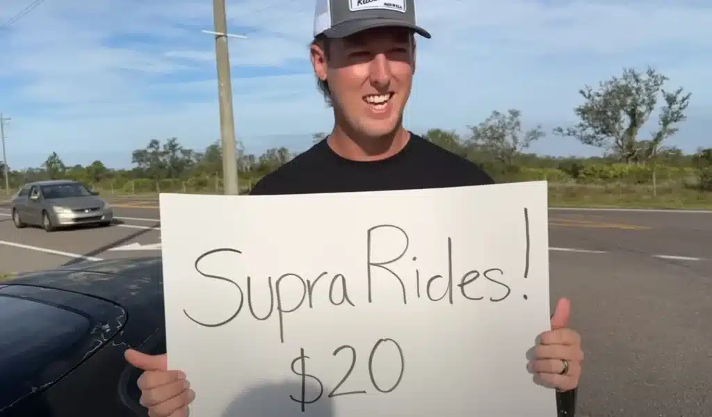 A YouTuber offered $10 rides in his 1,300 hp Toyota Supra, giving strangers a chance to experience drag racing power on public roads