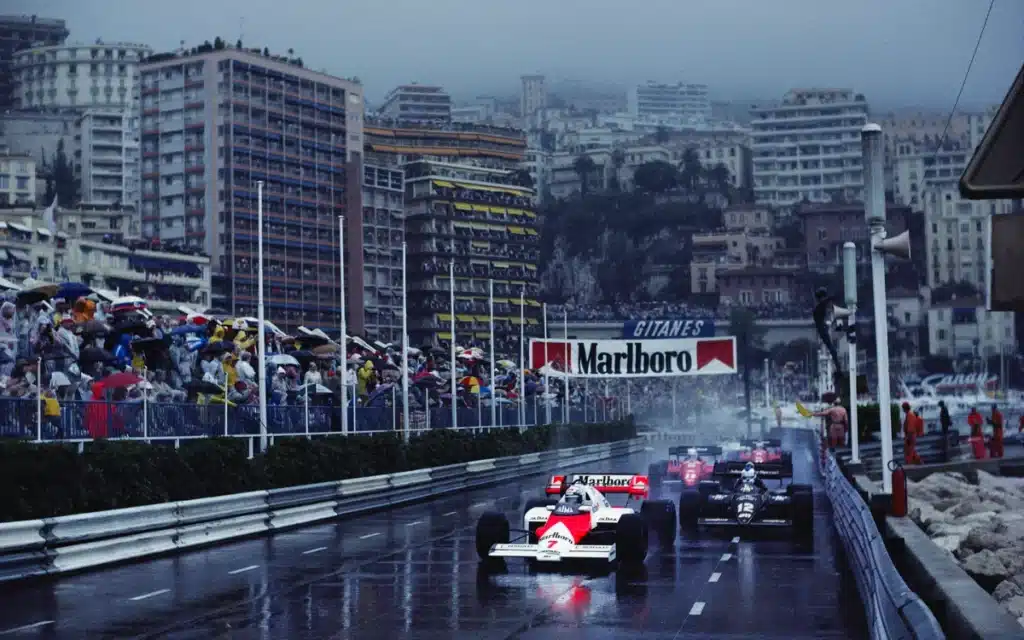 Alain Prost taking the lead in the 1984 Monaco Grand Prix