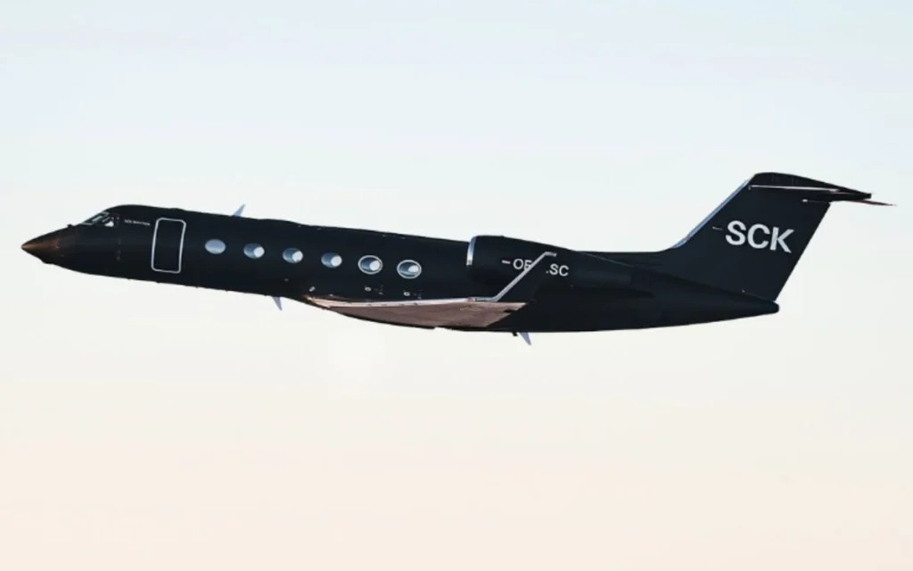 A customized Gulfstream G450, a private jet belonging to entrepreneur Sandra Corinna Kinzi