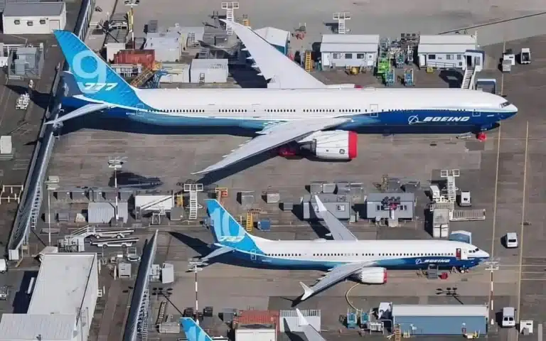Side-by-side comparison of Boeing 777-9 and the 737 Max 7 and 10 shows the sheer scale of the aircraft