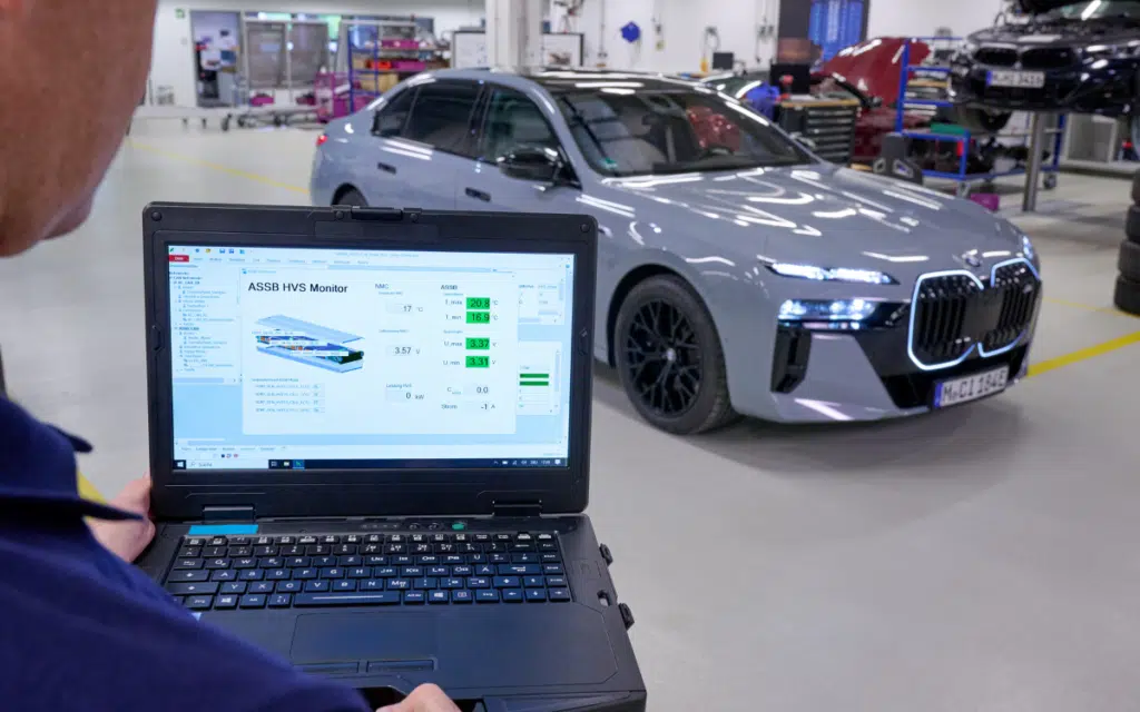 A BMW i7 electric sedan being used to test AASB technology, in partnership with Solid Power
