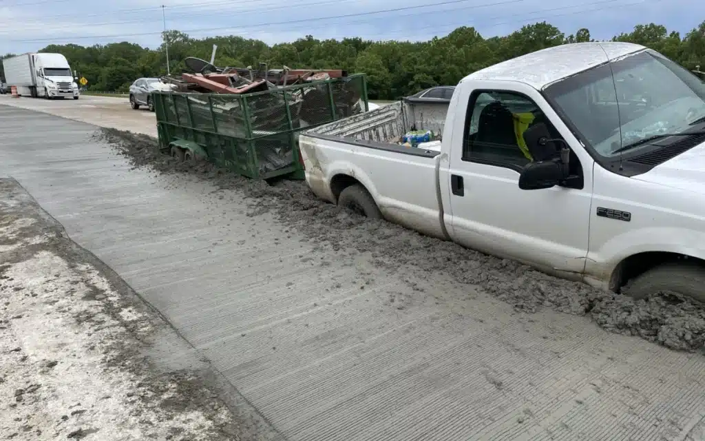 Truck driver makes comical error while towing trailer on Tennessee road and drives through wet cement