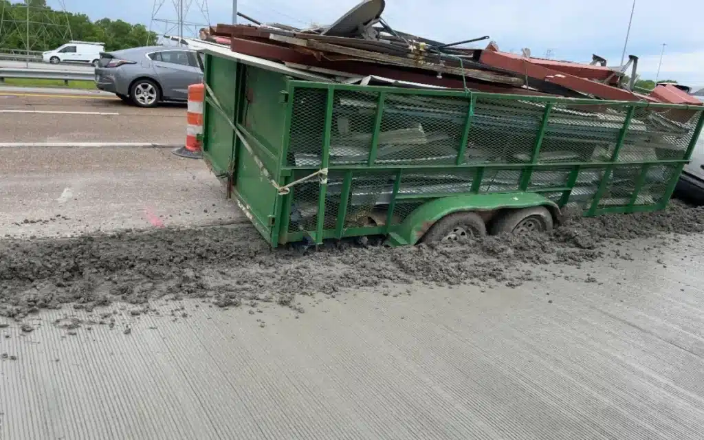 Truck driver makes comical error while towing trailer on Tennessee road and drives through wet cement