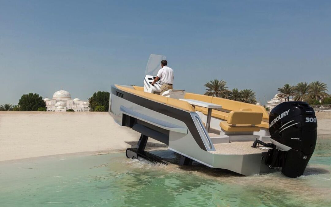 This amphibious boat goes from land to water with the touch of a button