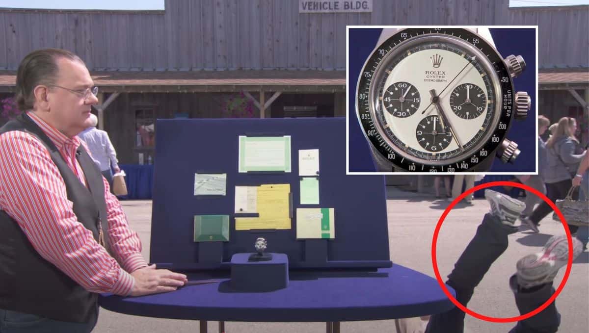 A war veteran falls over after learning the price of his Rolex Daytona on Antiques Road show.
