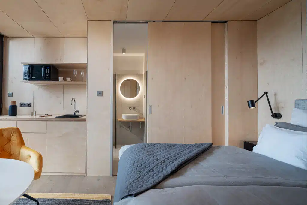 bed in the rock-shaped studio