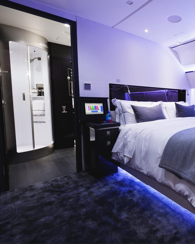 The master bedroom aboard the private jet