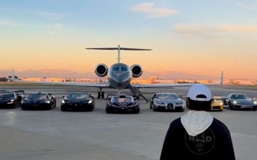 A California billionaire showcases his hypercar lineup, including multiple Ferrari models, and private jet, calling it the American dream