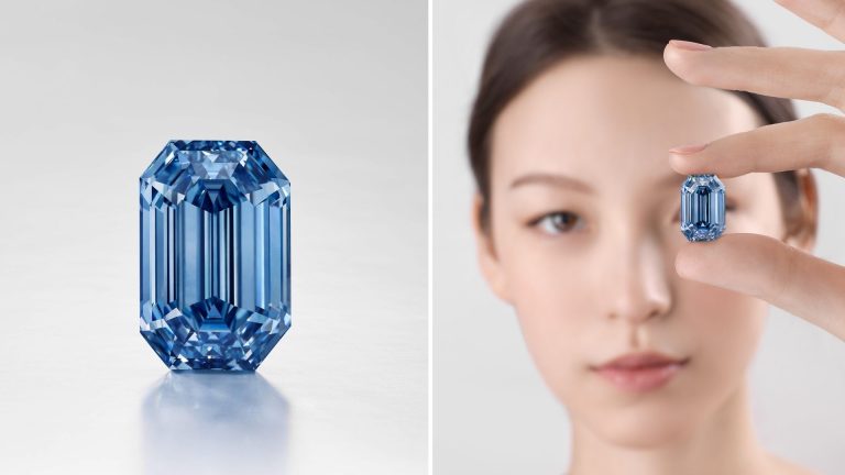 The De Beers Blue diamond is pictured in two photos.