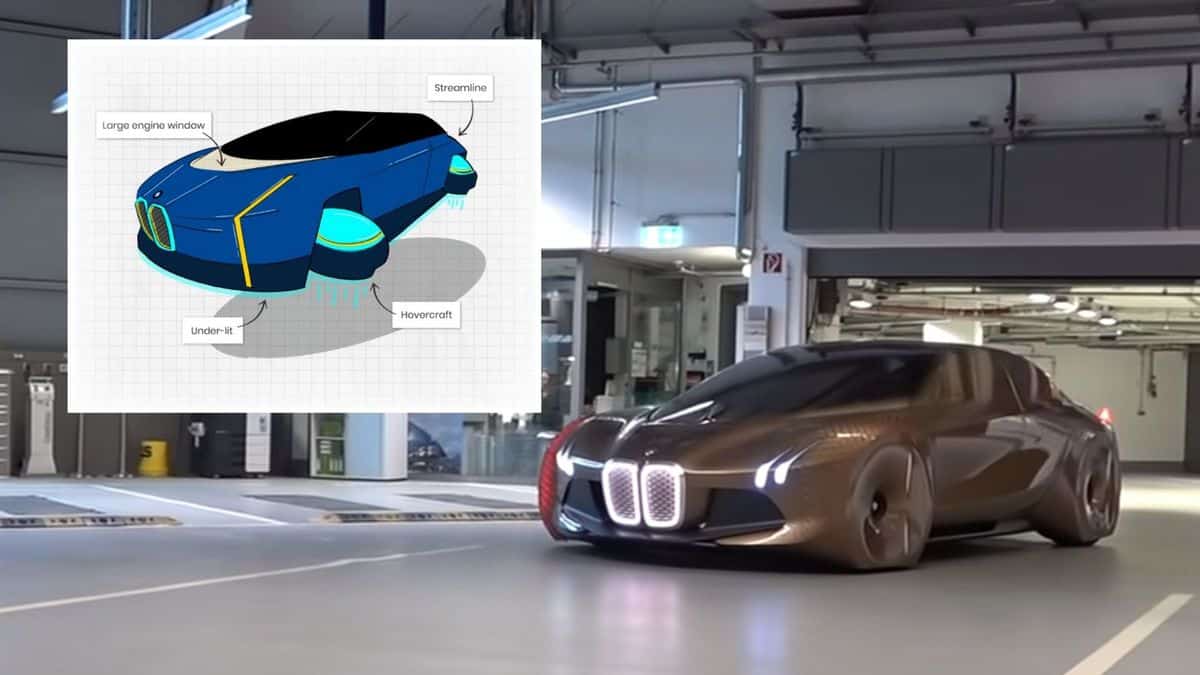 An inset of a BMW flying car concept with its inspiration, the Vision Next 100.