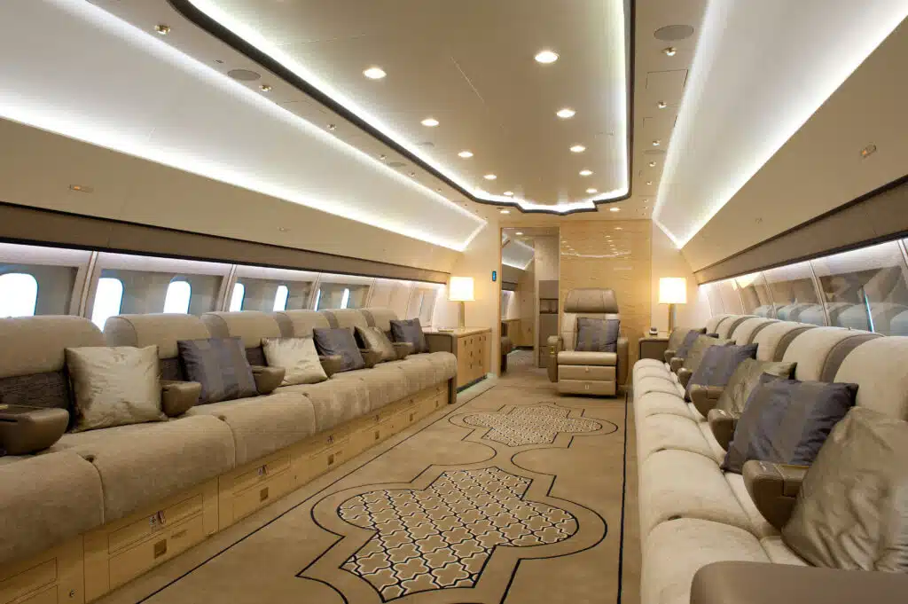 In the Boeing Business Jet 787 Dreamliner you feel like you are in a hangar before the seats are installed