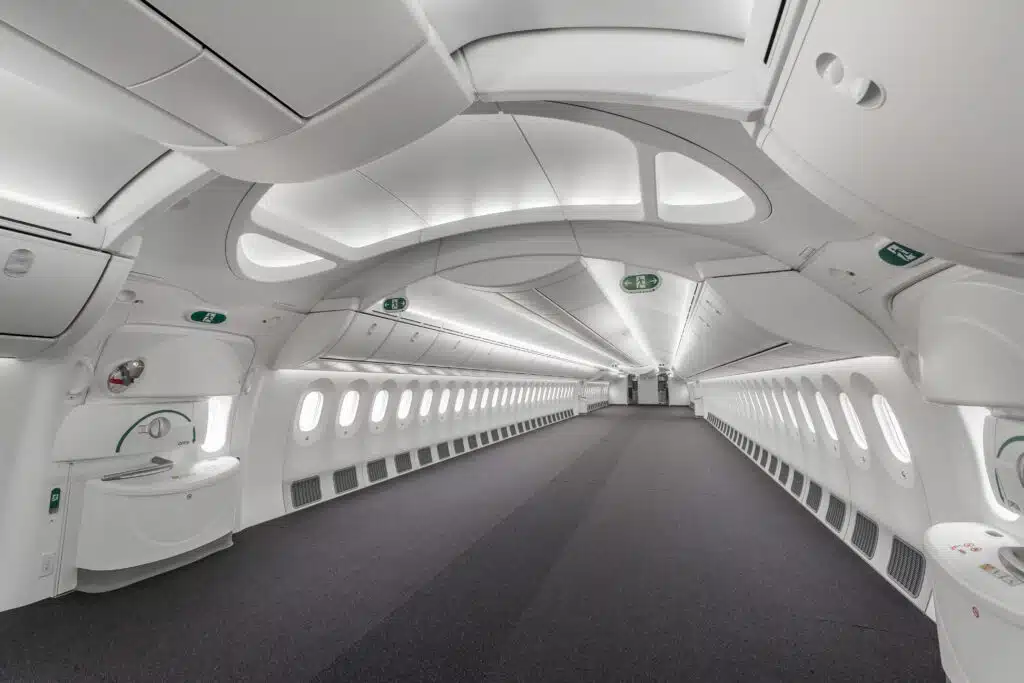 In the Boeing Business Jet 787 Dreamliner you feel like you are in a hangar before the seats are installed