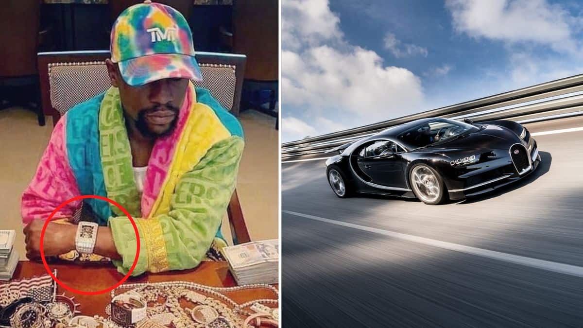 Floyd Mayweather wears The Billionaire watch. He's pictured next to a photo of a Bugatti Chiron.