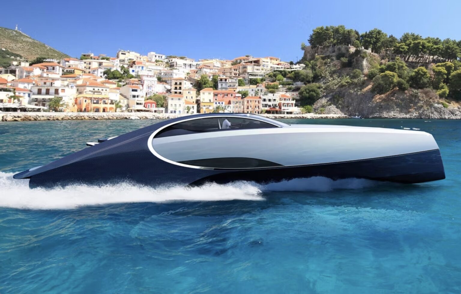 The Niniette 66's carbon fiber hull mirrors the Chiron's iconic silhouette Bugatti superyacht