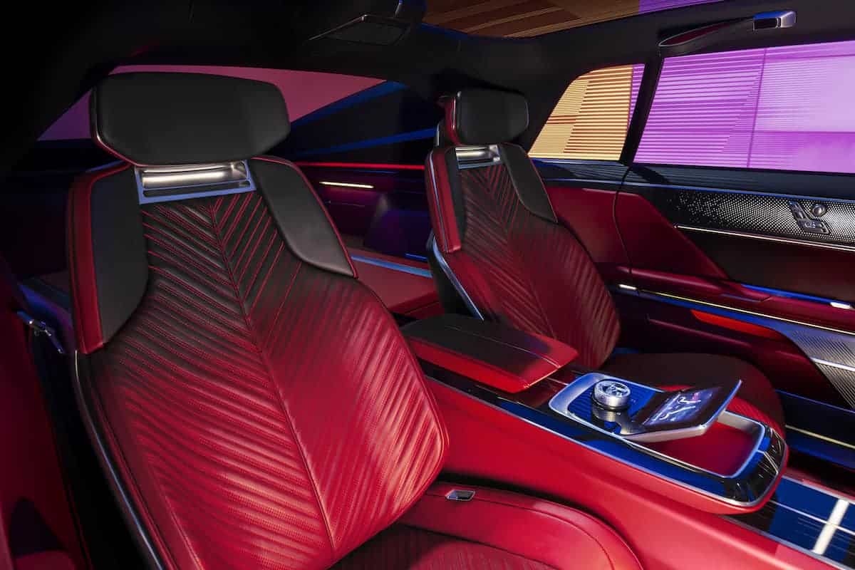 Rear seats and middle console of the Cadillac CELESTIQ show car. Show car images displayed throughout (not for sale).