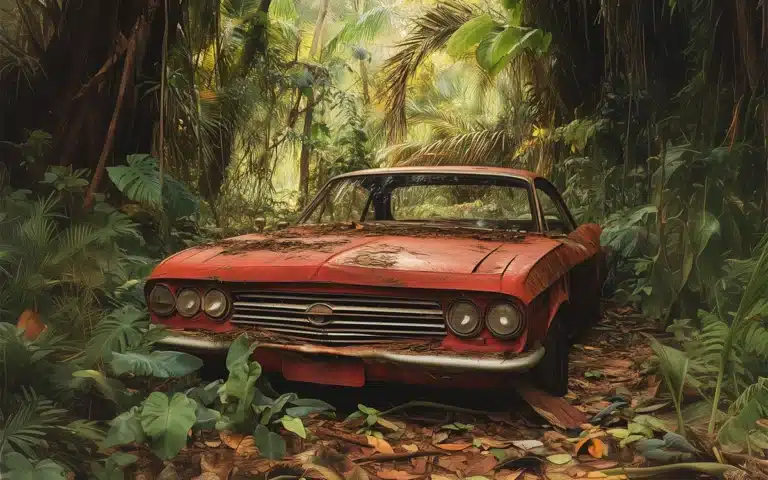 Chevy Corvair abandoned in a jungle in Darién Gap