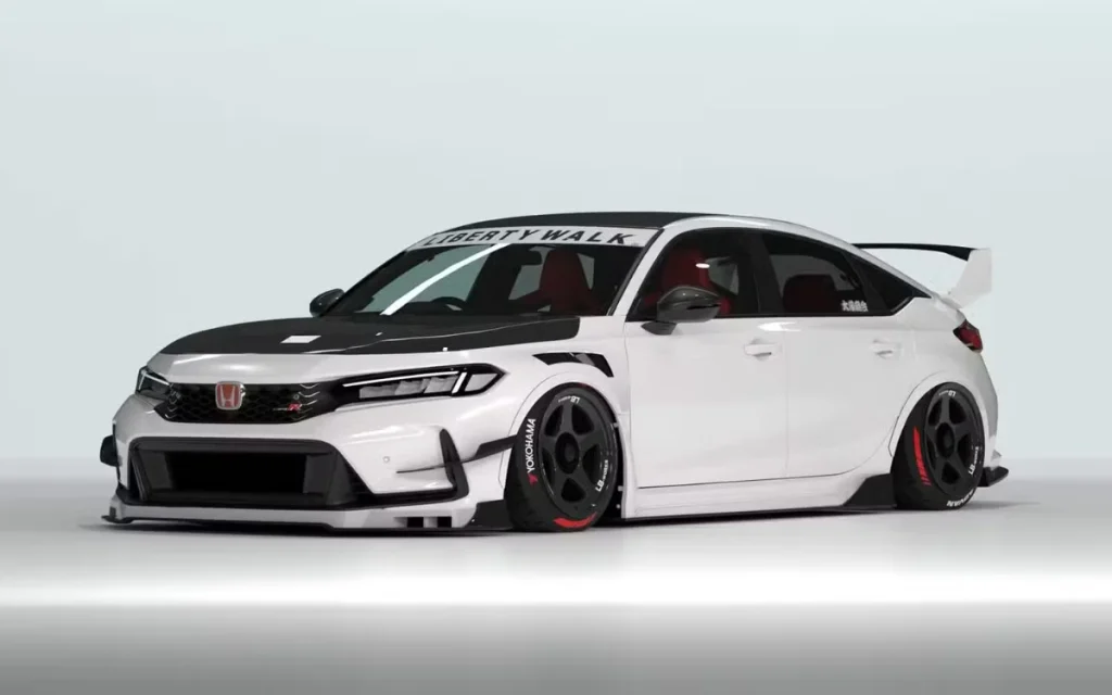 Liberty Walk has reworked the Honda Civic Type R with a widebody kit, carbon aero, and extreme stance, turning the iconic hot hatch into a bold street build