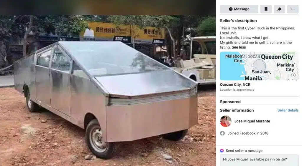 DIY Tesla Cybertruck listed for sale on Facebook Marketplace