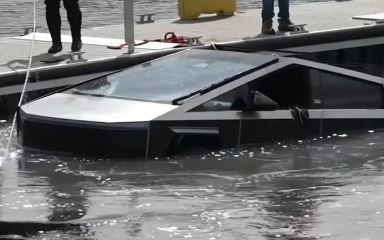 Driver inadvertently tests the Tesla Cybertruck's amphibian capabilities due to a miscalculated jet ski launch