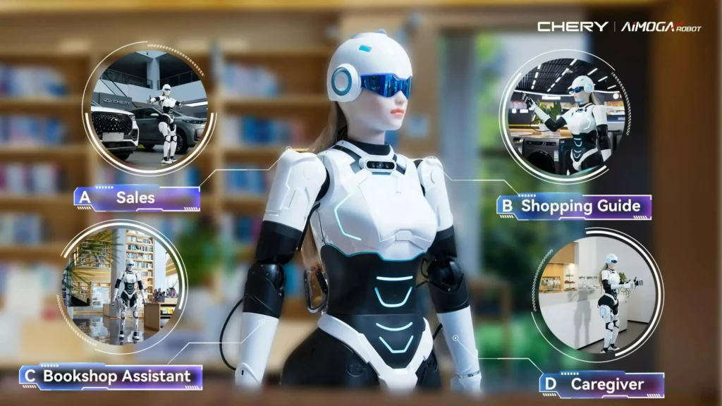 Chinese robots are selling cars in Chery Automotive showrooms using humanoid robots developed with AiMOGA to revolutionize the dealership experience
