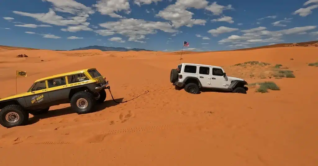 electric Jeep Wrangler stuck in Utah sand dunes