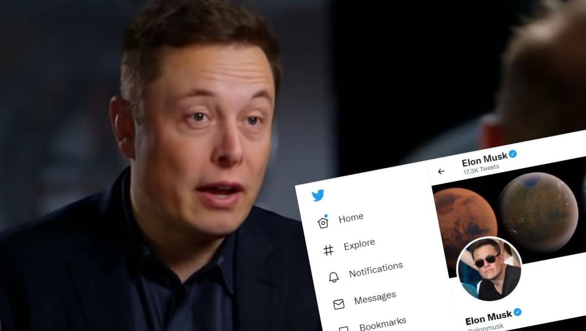 Elon Musk pictured with an inset of his Twitter profile.