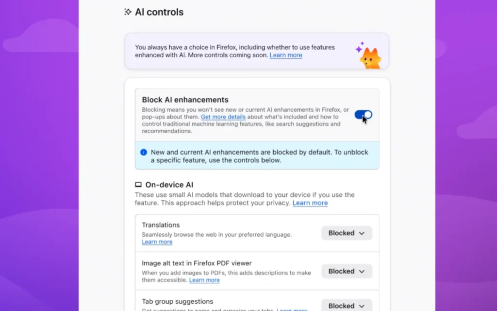 Mozilla Firefox has introduced a new function that allows you to completely remove all the AI features and integrations from its browser