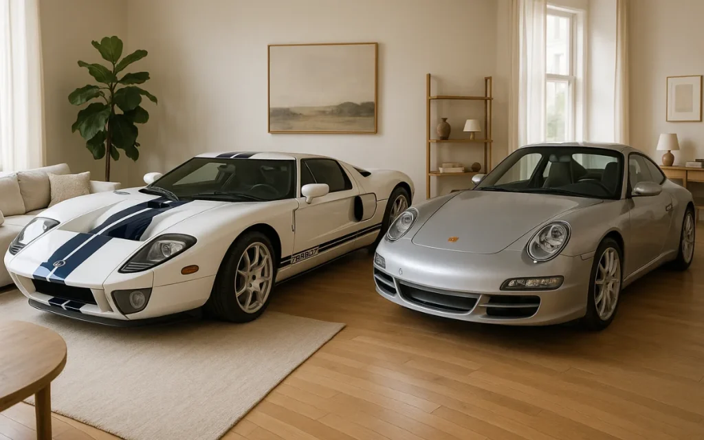 An Illinois home hides a full car showcase inside, with a Ford GT and Porsche displayed like art in a custom-designed automotive living space