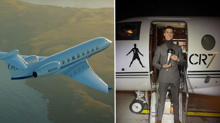 Cristiano Ronaldo, right in front of a private jet, owns a Gulfstream G650, on the left.