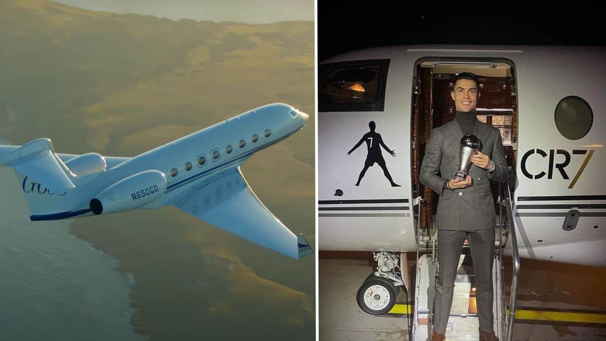 Cristiano Ronaldo, right in front of a private jet, owns a Gulfstream G650, on the left.
