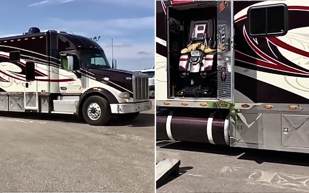 This heavy-duty truck comes with its own motorcycle garage