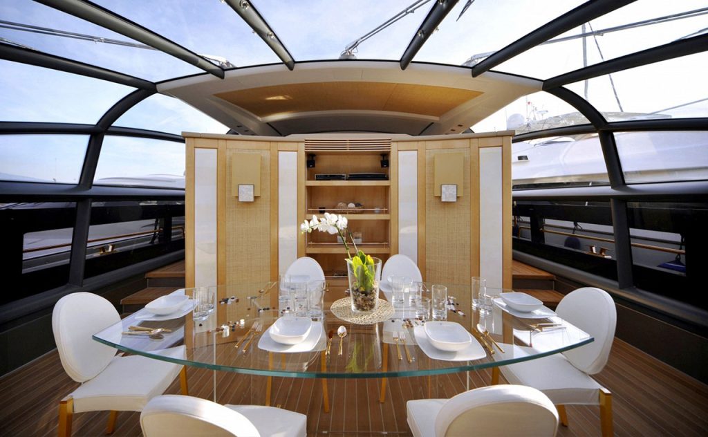 Inside the yacht is an elegant dining area.
