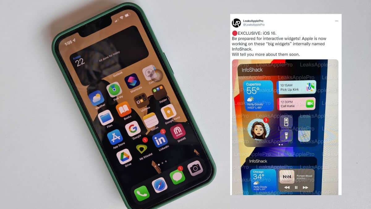 An iPhone with an inset of an iOS leak tweet.
