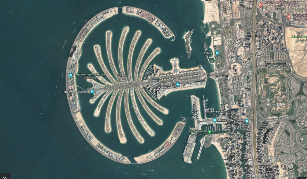 An aerial view of the Palm Jumeriah from Google Earth.