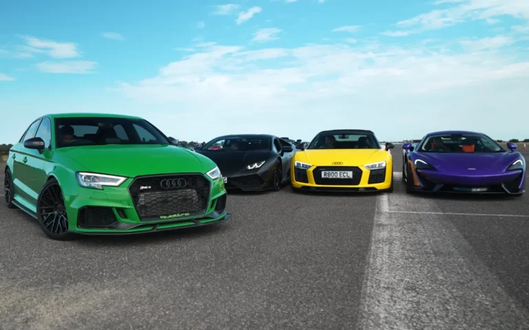 Audi RS 3 has drag race with Lamborghini Huracan, Audi R8, McLaren 570S and it gets awkward for someone