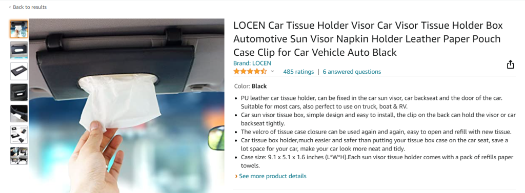 A car visor tissue holder is pictured.