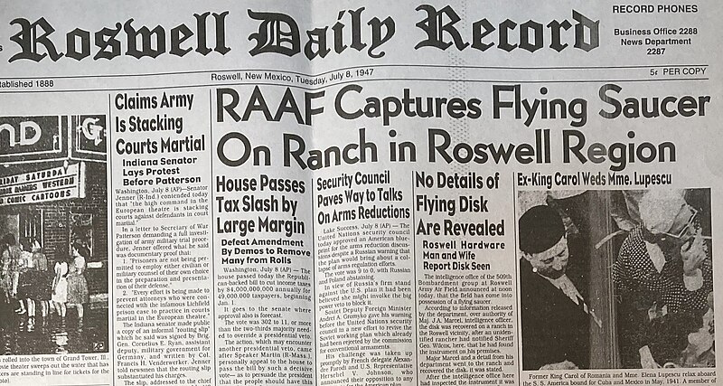The Roswell Daily Record broke the news of a "flying disc" being recovered.