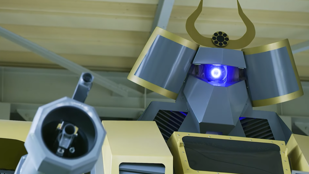 A close-up of the biggest robot, with its eye alight.
