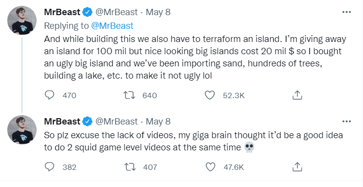 Mr Beast's tweet saying he bought an island for a $100 million giveaway.